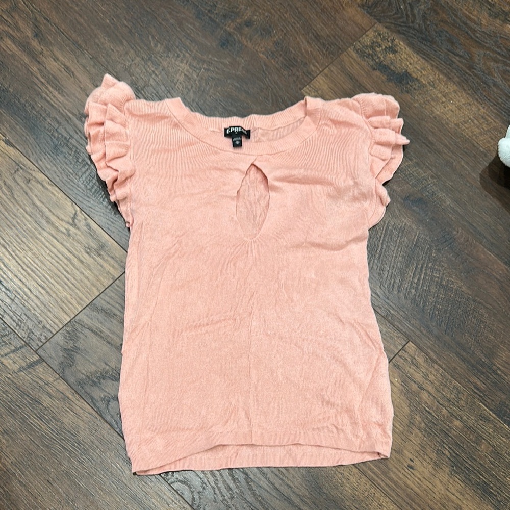 Express Pink Flutter Sleeve Blouse with Ruffled Cut Out